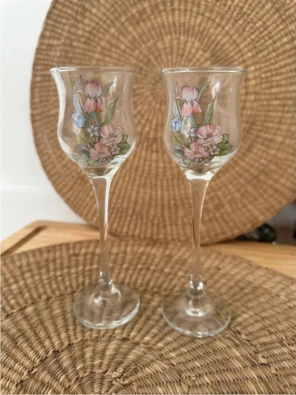 Hand-Painted Floral Stemmed Glasses in Pink & Green - Set of 2